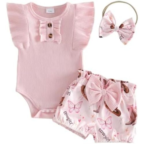 FYBITBO Newborn Infant Baby Girl Clothes Ribbed Flutter Sleeve Bodysuit with Cowgirl Shorts Cute Outfit Summer Clothing Set