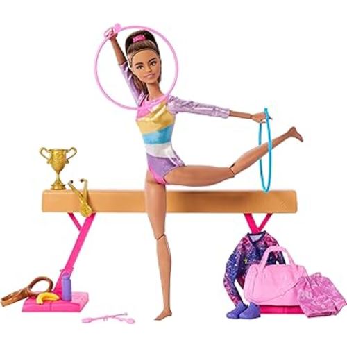 Barbie Careers Playset, Gymnastics Set with Brunette Gymnast Fashion Doll, C-Clip for Flipping Action, Balance Beam, Warm-Up Suit & Accessories