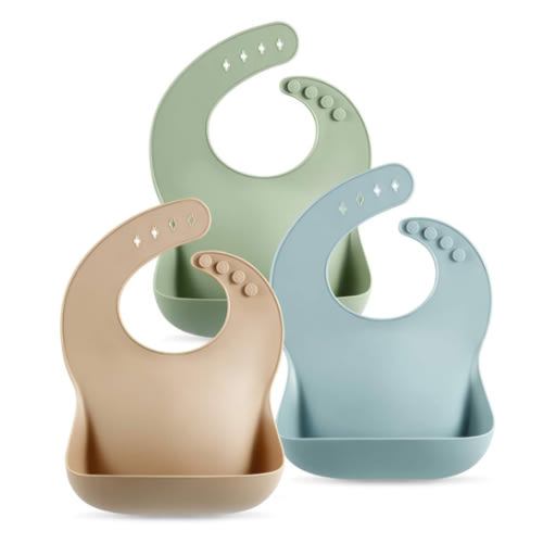 PandaEar Set of 3 Silicone Baby Bibs Waterproof, Soft, Unisex, 10-72 Months (Brown/Blue/Green)