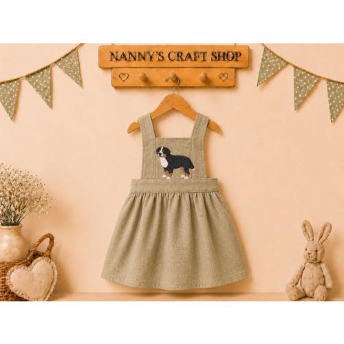 Bernese Mountain Dog Baby Dress: Embroidered Linen Outfit. Custom made dress. US Duties Paid