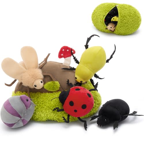 Bug Plush Toy Set, 5 Beetle Stuffed Animals with Dirt Mound Plushie, Hide and Seek Zipper Storage Habitat, Ladybug and Roly Poly Plush Toys, Gift for Kids Insect Lovers, 12 Inch