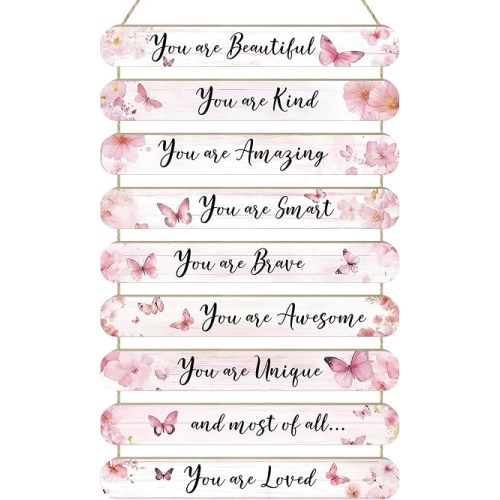 MONALET Pink Butterfly Inspirational Wall Decor for Girls Kids Room Office Classroom Playroom Nursery, You Are Loved Hanging Wooden Signs Decorations, Rustic Vintage Aesthetic Wood Plaque 9Pcs 12x19