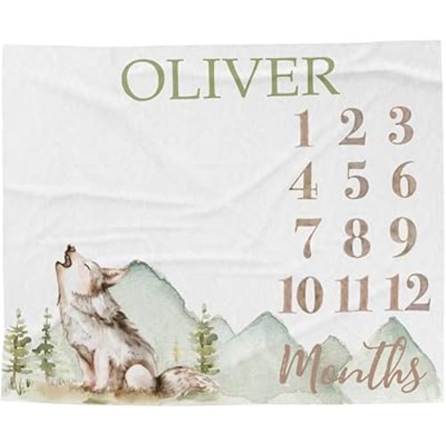 Personalized Baby Milestone Blanket, Wolf Design Forest Theme New Born, Woodland Wolf Monthly Milestone Photo Blankets, Custom Name Newborn Blankets for Newborn Boy, Soft Fleece