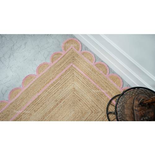 Natural Jute Scallop Rug, Pink Scalloped Jute Rug, Jute Area Rug, Jute Scalloped Rug, Bohemian Jute Rug, Handwoven Jute Rug, Custom Size Rug
