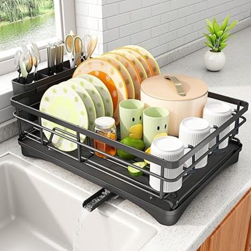 Dish Drying Rack - Stainless Steel Dish Rack for Kitchen Counter, Large-Capacity Dish Drainer with Cutlery Holder, Kitchen Organizer for Dishes, Spoons and Forks, Black