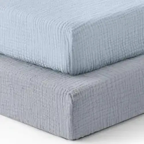 Blissful Diary Muslin Crib Sheets for Girl Boy, Boho Neutral Soft Cotton Baby Sheet for 52''x28'' Standard Crib Mattress, 2 Pack(Light Blue&Grey)