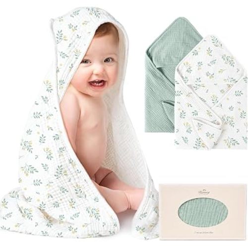 Konssy 2-Pack 100% Muslin Cotton Hooded Baby Bath Towels for Boys and Girls