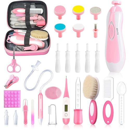 28 in 1 Baby Healthcare and Grooming Kit, Infant Baby Nursery Kit Electric Nail Trimmer Set with Gas Colic Passer Nasal Aspirator Nail Clipper Hair Brush Comb for Newborn Girls Boys (Pink)