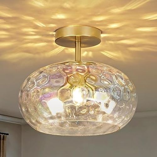 12" Iridescent Rainbow Hammered Glass Ceiling Light, 3-Light Semi Flush Mount Fixture, Modern Gold Lighting for Bedroom, Hallway, Kitchen, Dining Room, Living Room, Foyer