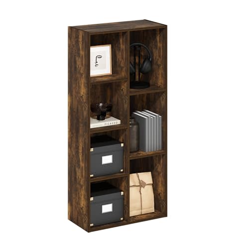 Furinno LUDER Book Shelf, 7-Cube Bookshelf, Bookcase with Open Shelves, 9.4 x 19.5 x 41.7, Easy Assembly, for Living Room, Bedroom, Home Office, Amber Pine