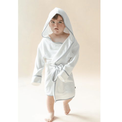 Hooded Bath Robe in Cloud with Storm Trim