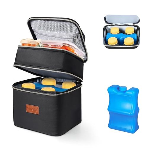 PIIOSER Baby Bottle Cooler Bag with Ice Pack, Fits 4 Baby Bottles Up to 5 Ounce, Portable Insulated Breastmilk Cooler Travel Bag with Handle Buckle for Nursing & Working Mom Daycare (Black-XS)