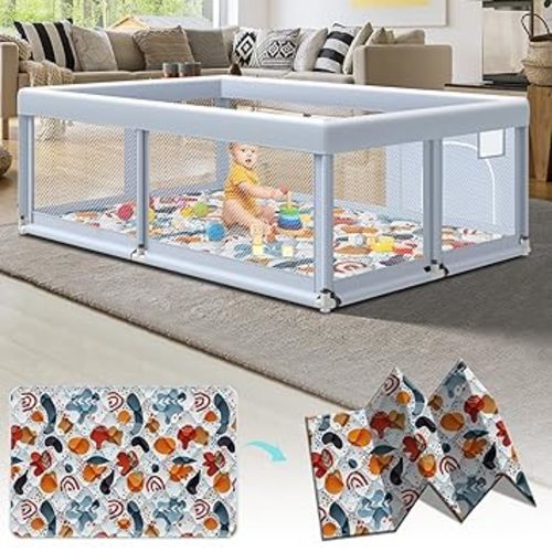 Fshibila Baby Playpen with Mat, Baby Playpens for Babies and Toddlers, BabyFence Play Pen for Indoor & Outdoor, Sturdy Safety Play Yard with Soft Breathable Mesh, 50 * 50 * 27 inches Grey