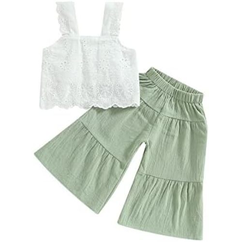 2PCS Baby Girl Flared Pants Sets, Sleeveless Strap Lace Crop Vest Tops + Wide-Leg Capris Pants