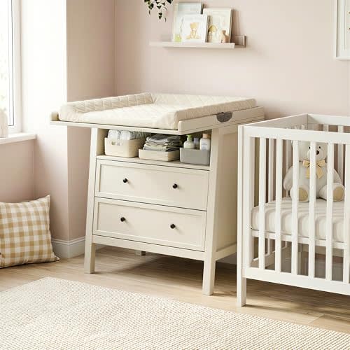 Changing Table Dresser with Foldable Tabletop, Baby Dresser with 2 Wide Drawers & Open Storage Space, Modern Diaper Changing Station, Perfect for Nursery, Beige (Pad Not Included)