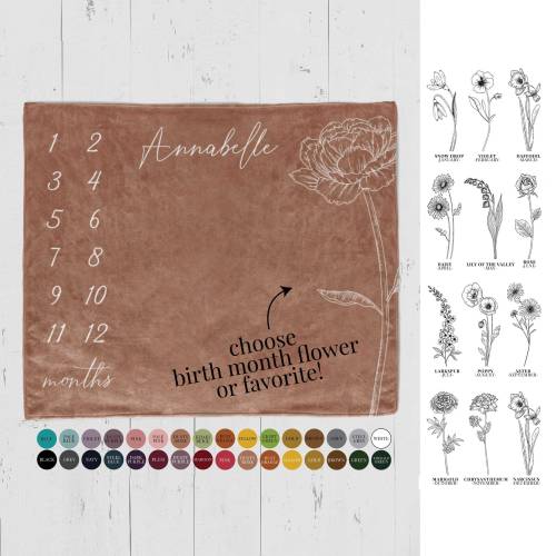 Flower Baby Girl Milestone Blanket Personalized Month Blanket with Name, Baby Photo Prop Custom Baby Girl Shower Gift for Neutral Nursery