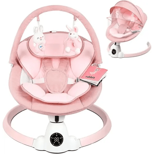 Baby Swing for Infants, Portable Electric Baby Swings with Bluetooth, 5 Swing Speed, 10 Lullabies, 5-Point Harness, Remote Control & Touch Panel - Infant Swing for Indoor & Outdoor Use, Pink