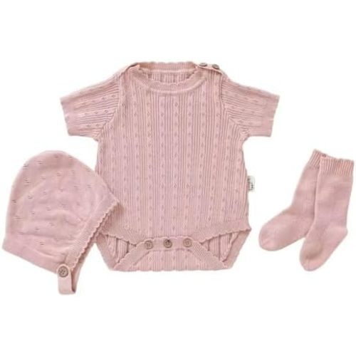 Avibae Cotton Baby Set with Knitted Short Sleeve Sweater, Hat, Socks