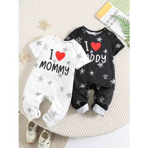 Baby Boy/Girl Black & White Heart Print Loose Crew Neck Short Sleeve Jumpsuit 2pcs Set, Suitable For Home, Outings, Valentine's Day Party Graphic | SHEIN USA