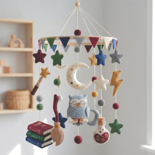 Personalized Wizard Owl Baby Mobile, Custom Magic Witch Nursery Bedroom Decor, Felt Moon Lightning Bolt Crib Mobile, Newborn Gift Shower