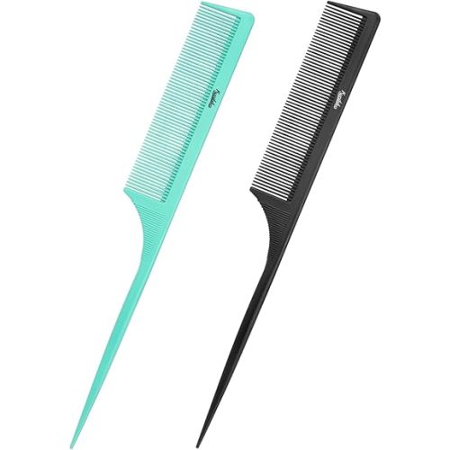 2Pcs Rat Tail Comb Parting Combs for Women, Fine Tooth Parting Tip Carbon Fiber Root Teasing Anti Static Hair Comb for Styling (Green,Black)