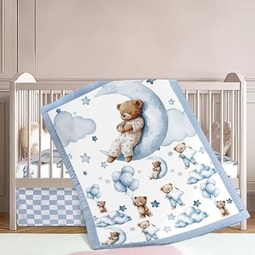 Hosuly 3 Pcs Baby Crib Bedding Set Safari Animals Bear Woodland Animals Jungle Crib Set Includes Quilt, Fitted Sheet, Skirt for Baby Boy Girl (Blue,Teddy Bear)