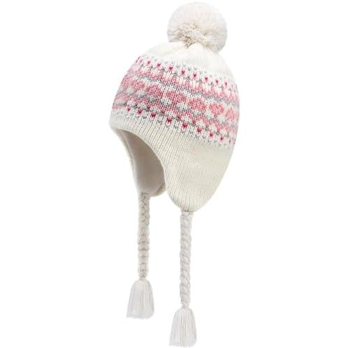Winter Peruvian Hat Earflap Fleece Lined Pompon Knit Hat Beanie for 3-10T Baby Girls