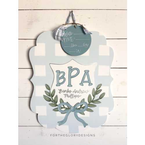 hospital door hanger // personalized baby name sign with initials // baby blue plaid and bow // custom sign for baby boy