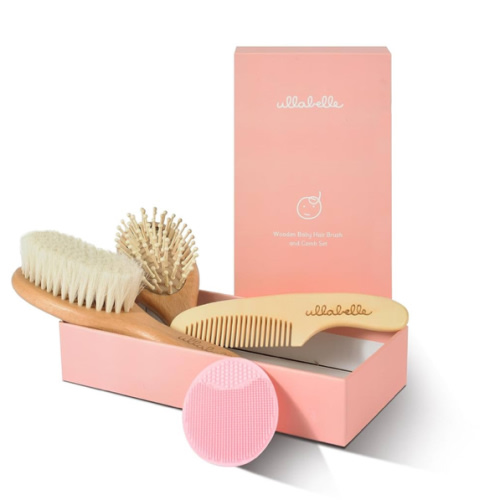 4 Piece Wooden Baby Hair Brush and Comb Set for Newborns & Toddlers in Chic Gift Box - Ultra Soft Natural Goat Hair and Wood Baby Brush Set Prevents Cradle Cap - Perfect Registry Gift (Pink)