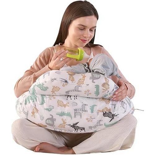 Nursing Pillow for Breastfeeding,Ergonomic Baby Feeding Pillows with Removable Washable Cotton Slipcover, Adjustable Waist Strap,Plus Size,More Support for Mom and Baby(Nordic Animal World)