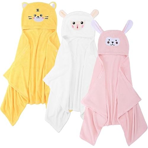 Kifmurase 3Pack Toddler Towels with Hood, 27x55 Inch Baby Bath Towel for Boy Girl 0-5 Year, Ultra Soft Absorbent Kid Hooded Washcloths, Bath Essential Shower Gift (Monkey & Lamb & Tiger)