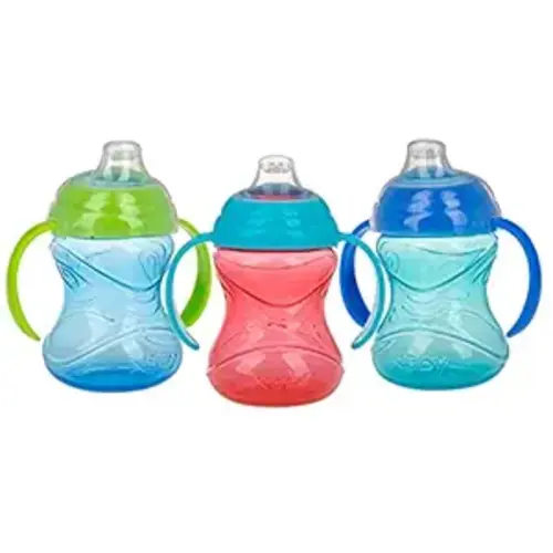 Nuby Clik-It Grip N' Sip Soft Spout No-Spill Training Sippy Cup with Handles - (3-Pack) 10 oz - 4+ Months - Blue/Green/Red
