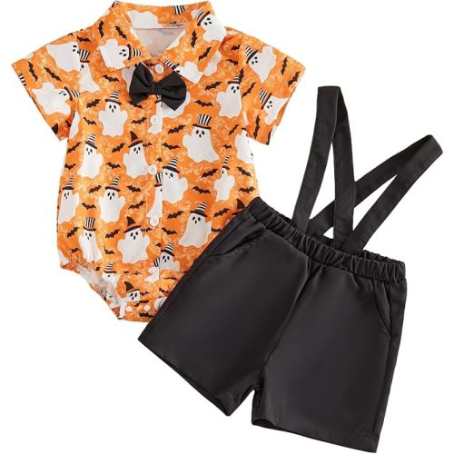 Baby Boy Halloween Outfit Ghost Pumpkin Button Down Shirt Romper Suspender Shorts Set Clothes Infant 2 Piece Clothes
