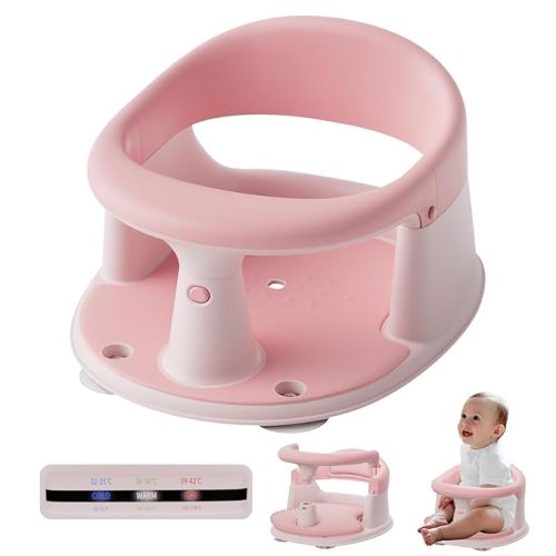 Baby Bath Seat for Babies 6 Months & Up - 360° Protection Baby Bath Chair with Temperature Alert & Cushion | Non-Slip Toddler Bathtub Seat | Newborn Infant Bath Tub Seats for Babies Sitting Up (Pink)