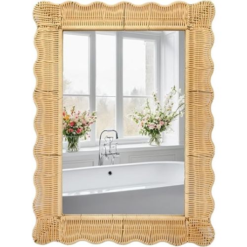 FUIN Decorative Wicker-Like Framed Mirror – 30" x 22.6", Wall-Mounted, Scalloped Edge for Bathroom, Living Room, or Entryway