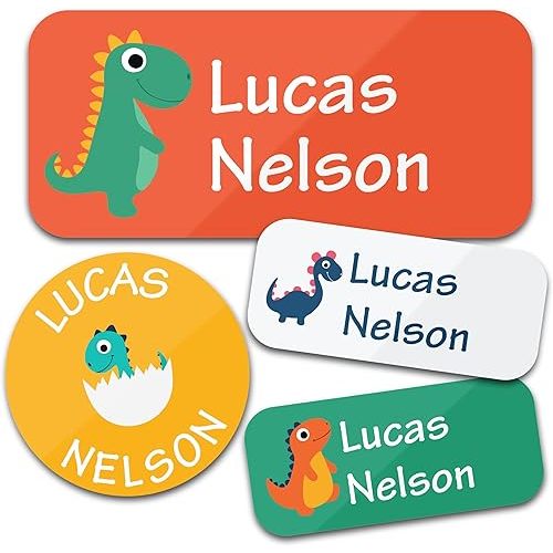Personalized Daycare Name Labels (130 Labels) - Custom Waterproof Name Stickers for Clothing Tags, Water Bottles, Lunch Boxes and School Supplies (Dinosaurs)