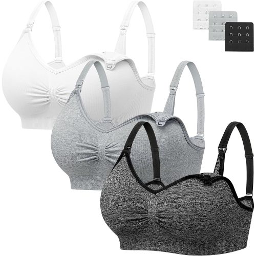 Angelhood Womens Seamless Sleep Nursing Bra,Breastfeeding Maternity Bra with Remove Bra Pads Extenders Pack of 3 Black/White/Grey