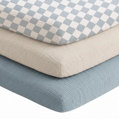Niceye Muslin Bassinet Sheets 3-Pack for Bedside Sleepers, 33" x 21" | 100% Cotton, Soft & Breathable, Full Elastic Fit, for Baby Delight, Dream On Me, Baby Girl Boy (Blue)