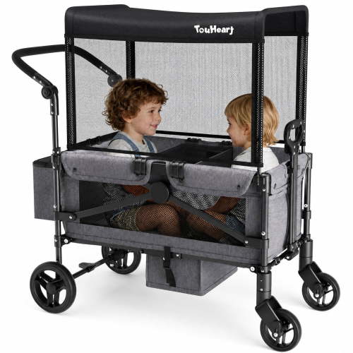 TouHeart 2 Seater Wagon Stroller with Canopy, Folding Stroller Wagon for Kids, 220 lbs Capacity,Gray