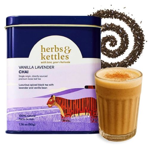 Herbs & Kettles Chai - Vanilla Lavender | Assam Black Tea with Real Vanilla Bean, Lavender Flowers, Cardamom, Cinnamon & Ginger | Floral Loose Leaf Blend | Makes 10-14 Servings | Premium Tea Gift
