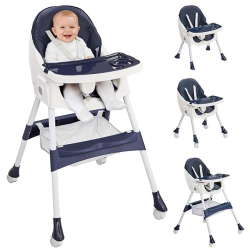 Ktaxon Foldable Baby High Chair, 2-in-1 Portable Convertible Highchair with 5-Point Safety Harness, Easy to Clean Tray and Storage Bag for Toddlers & Babies, Navy Blue