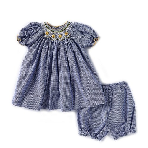 Petit Ami Baby Girls Puffed Sleeve Sunflower-Embroidered Bishop-Smocked Checked Fit & Flare Dress