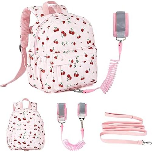 Corduroy Toddler Backpack with Detachable Leash and Anti-Lost Wrist Link, Safety Harness Walking Backpack for Toddler Boys Girls 1-3, Cute Cherry Travel Backpack with Leash for Kids
