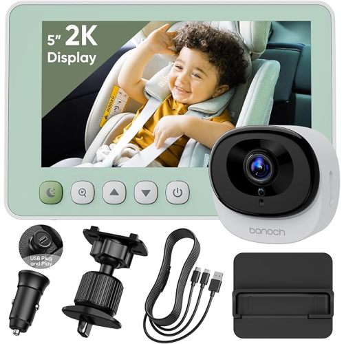 bonoch 5" 1440P Baby Car Camera, Clearest Monitor with 360° Rotating Wide View, Backseat Rear Facing Mirror for Baby, USB Powered with Charger, Easy Setup, Night Vision, Plug & Play Safe Driving