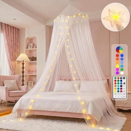 Obrecis Bed Canopy with LED Star Lights, Princess Canopy Bed Curtain