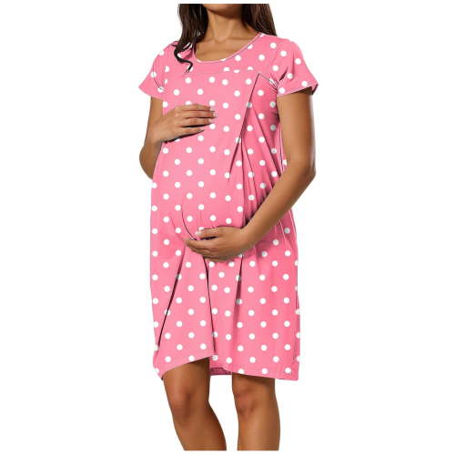 CHUMUD Nursing Nightgown 3 in 1 Labor and Delivery Hospital Gown Maternity Dress Short Sleeve Polka Dots Birthing Robe for Breastfeeding