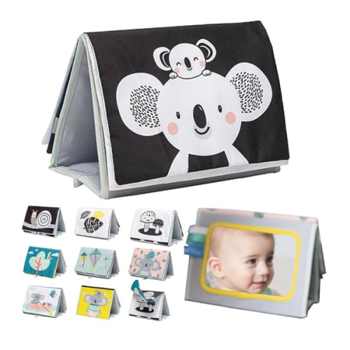 Taf Toys Tummy Time Toys High Contrast Baby Book. Fun, Interactive Crinkle Books for Babies with Mirror & Soft Koala Teether - Baby Tummy Time Book