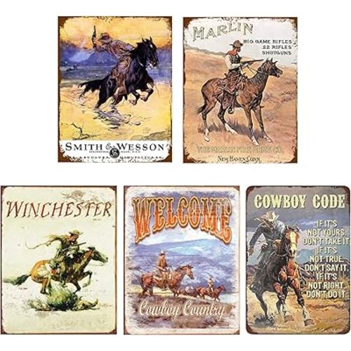 Retro Home Decor Wall Art Posters Vintage Western Cowboy Tin Sign Garage Home Wall Decoration Metal Plaques - 5pcs 8x12in