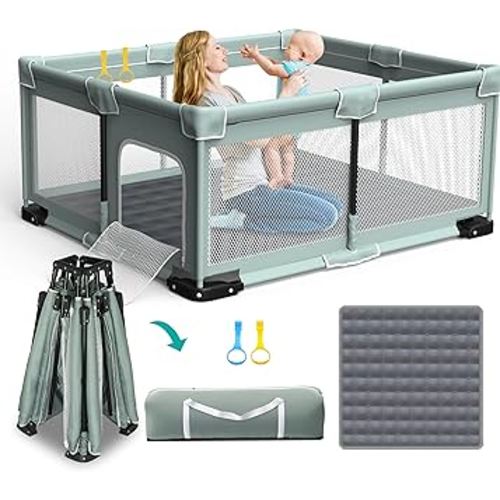 Foldable Playpen for Babies and Toddlers, 71"x59" Inches Portable Playpen with Mat, Kids Collapsible Play Pen with 2 Handlers, Indoor & Outdoor Baby Play Area with Visible Mesh (Light Green)
