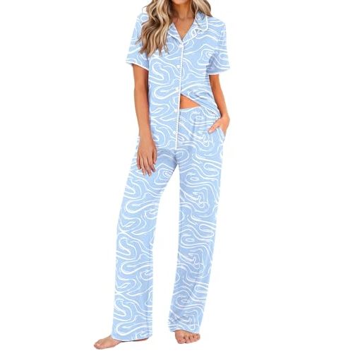 Ekouaer Womens Pajamas Set Button Down Loungewear Short Sleeve Pants Pjs | Notch Collar, Rick-rack Trim, Elastic Waistband, 2 Piece Pants Sleepwear with Pockets, Comfy Lounge Sets, Soft Postpartum Pjs
